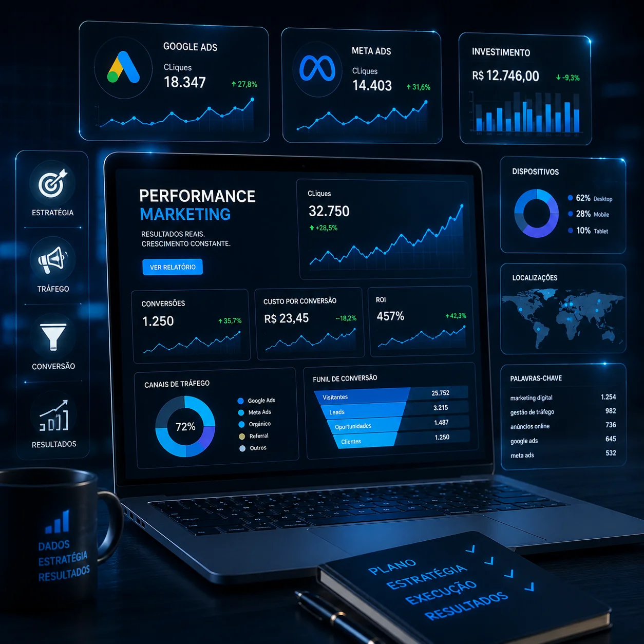 Visualização de crescimento e performance de campanhas digitais